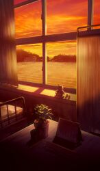 bed calendar_(object) commentary curtains fate/extra fate/extra_ccc fate/grand_order fate_(series) goal indoors infirmary lasengle no_humans official_art orange_sky orange_theme plant potted_plant running_track scenery school sky still_life sunlight sunset table third-party_source window