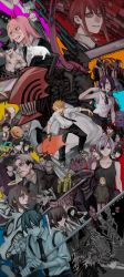 absurdres aldo_(chainsaw_man) angel_devil_(chainsaw_man) antlers back-to-back bare_shoulders battle_rifle beam_(chainsaw_man) black_choker black_hair black_necktie black_panties black_shirt black_tank_top blonde_hair bomb_devil_(chainsaw_man) braid braided_ponytail brain brown_hair burger car cat chain chainsaw chainsaw_devil chainsaw_man choker cosmo_(chainsaw_man) crossbow_devil_(chainsaw_man) darkness_devil deer_antlers demon_horns denji_(chainsaw_man) door earrings everyone exposed_brain extra_arms extra_eyes eyeball eyepatch faceless facial_scar fire flamethrower_devil_(chainsaw_man) food formal_clothes fox fox_devil_(chainsaw_man) future_devil_(chainsaw_man) ghost_devil_(chainsaw_man) glasses green_jacket grey_hair gun gun_devil_(chainsaw_man) hair_between_eyes hair_bun hair_ornament hair_over_one_eye hairclip halo handgun hands_in_pockets hayakawa_aki hell_devil_(chainsaw_man) higashiyama_kobeni highres himeno_(chainsaw_man) hirokazu_arai_(chainsaw_man) holding holding_weapon hood hoodie horns hybrid ice_cream intestines jacket jewelry joey_(chainsaw_man) katana katana_man_(chainsaw_man) kobeni&#039;s_car_(chainsaw_man) kurose_yuutarou kusakabe_(chainsaw_man) long_(chainsaw_man) long_coat long_hair longsword_devil_(chainsaw_man) looking_at_viewer looking_away looking_down m14 makima_(chainsaw_man) mask medium_hair meowy_(chainsaw_man) monster motor_vehicle multiple_boys multiple_girls nakano_(2_mannaka) necktie no_eyes octopus octopus_devil_(chainsaw_man) open_mouth orange_hair own_hands_together panties pingtsi_(chainsaw_man) pink_hair plague_doctor_mask pochita_(chainsaw_man) princi_(chainsaw_man) punishment_devil_(chainsaw_man) purple_hair quanxi_(chainsaw_man) red_eyes red_hair red_horns reze_(chainsaw_man) ribbon rifle ringed_eyes santa_claus_(chainsaw_man) sawatari_akane_(chainsaw_man) scar scar_on_cheek scar_on_face scarf shark shark_boy sharp_teeth shirt short_hair short_shorts shorts sidelocks single_hair_bun skeleton sleeveless sleeves_rolled_up small_horns snake_devil_(chainsaw_man) spear_devil_(chainsaw_man) stitched_face stitches suit sweater sword tamaoki_(chainsaw_man) tank_top teeth tendou_michiko tentacles tolka_(chainsaw_man) topknot topless_male tsugihagi_(chainsaw_man) typhoon_devil_(chainsaw_man) underwear upside-down violence weapon white_cat white_hair white_hoodie yoshida_hirofumi