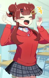 +++ 1girl anime_coloring arms_up artist_request black_choker black_ribbon black_skirt blurry blush_stickers bow breasts brown_hair chalkboard choker classroom desk double_bun dragon_musume_ni_naritakunai! duel_masters fang hair_bun hair_ornament hair_ribbon highres hood hoodie indoors long_sidelocks looking_at_viewer maguma_mega miniskirt official_art open_mouth plaid_clothes plaid_skirt red_bow red_hair red_hoodie ribbon school_desk shirt sidelocks skirt smile socks sparkle standing upper_body white_shirt