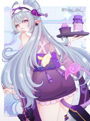1girl apron aqua_hair artist_name ass bare_shoulders blush breasts carrying detached_sleeves from_behind genshin_impact hair_ornament hairpin headdress japanese_clothes kimono large_breasts long_hair looking_at_viewer pointy_ears purple_eyes short_kimono sideboob smile solo tail tray very_long_hair yangcho yumemizuki_mizuki
