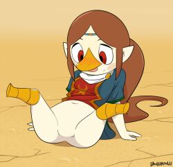 1girl arm_support beak blue_dress blush boots brown_hair clothes_lift dangerking11 dress dress_lift fallen_down headband legs_up loli long_hair looking_down lying medli navel nintendo no_panties no_pussy open_mouth pointy_ears ponytail red_eyes red_tabard rito short_sleeves spread_legs sweat tabard the_legend_of_zelda the_legend_of_zelda:_the_wind_waker yellow_boots