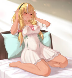 Rule 34 | 1girl, absurdres, barefoot, bed, black hairband, blonde hair, bow, breasts, censored, closed mouth, collarbone, commentary, commentary request, commission, crossed bangs, dark-skinned female, dark skin, day, dress, dress bow, dress ribbon, english commentary, female pubic hair, fingernails, full body, green ribbon, hair bow, hair over shoulder, hairband, half-closed eyes, hands on own head, highres, hololive, hui yu, indoors, large breasts, linea alba, long hair, low twintails, mixed-language commentary, mosaic censoring, multicolored hair, nail polish, navel, nipples, no bra, no panties, off-shoulder dress, off shoulder, on bed, orange eyes, orange nails, pillow, pink bow, pixiv commission, pubic hair, pussy, ribbon, see-through clothes, see-through dress, shadow, shiranui flare, short sleeves, sitting, solo, steam, streaked hair, sunlight, sweat, toenail polish, toenails, toes, twintails, variant set, virtual youtuber, wariza, white dress, white hair, wispy bangs