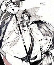 1girl absurdly_long_hair banner battle_standard bell bow chihaya_(clothing) commentary_request detached_sleeves flag frilled_bow frilled_hair_tubes frills gensokyo&#039;s_first_hakurei_miko gohei greyscale hair_bow hair_flaps hair_tubes highres holding holding_banner holding_gohei huge_bow japanese_clothes jingle_bell kosode large_bow long_hair long_sleeves miko monochrome oversized_object papipu_pipi red_bow ribbon ribbon-trimmed_sleeves ribbon_trim sidelocks skirt solo touhou very_long_hair war_banner war_flag wide_sleeves