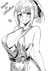 Rule 34 | 1girl, azur lane, blush, braid, breasts, cleavage, cosplay, crown braid, hair ribbon, heart, highres, large breasts, lineart, monochrome, mothinus, no bra, nue no onmyouji, open mouth, ponytail, ribbon, sidelocks, st. louis (azur lane), st. louis (azur lane) (cosplay), st. louis (luxurious wheels) (azur lane), suo kazusa