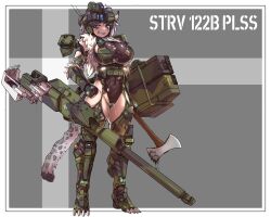 1girl abs armored_boots armored_gloves axe bincan blue_eyes boots breasts cannon fingerless_gloves full_body fur_shawl gloves grey_hair headset highleg highleg_leotard highres holding holding_axe large_breasts leopard_tail leotard looking_at_viewer mecha_musume military military_vehicle original personification scar scar_across_eye scar_on_face scar_on_mouth sharp_teeth shawl skindentation slit_pupils smile snow_leopard_ears snow_leopard_tail stridsvagn_122 stridsvagn_122_(personification) tail teeth thighs torn_clothes torn_leotard white_fur
