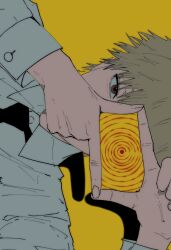 1boy black_necktie blonde_hair buttericecreamm chainsaw_man collared_shirt covering_one_eye denji_(chainsaw_man) finger_frame highres looking_at_viewer necktie shirt short_hair sideways simple_background solo spiral white_shirt yellow_background