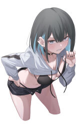 1girl absurdres aoi_(yako_mashiro) ass bikini bikini_under_shorts black_bikini black_choker black_hair black_nails blue_eyes blue_hair breasts butt_crack choker clenched_teeth collarbone colored_inner_hair commentary crop_top cropped_hoodie cropped_legs downpants drawstring ear_piercing earrings fingernails from_above grey_hoodie grimace hand_on_own_hip hand_up highres hood hood_down hoodie jewelry long_sleeves looking_at_viewer looking_to_the_side looking_up mole mole_under_eye mole_under_mouth multicolored_hair navel o-ring o-ring_choker open_clothes open_fly open_shorts original panty_straps piercing short_hair short_shorts shorts simple_background solo strap_pull string_bikini swimsuit teeth two-tone_hair unbuttoned underwear unzipped white_background yako_mashiro zipper