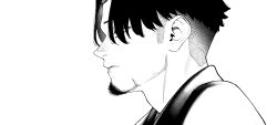 1boy absurdres commentary_request expressionless facial_hair fade_(haircut) goatee greyscale hair_over_one_eye highres jacket male_focus monochrome original profile solo untsuku upper_body