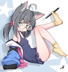 1girl absurdres ahoge animal_ears bags_under_eyes blue_jacket blue_one-piece_swimsuit boppin breasts commentary full_body green_eyes hair_bobbles hair_ornament highres jacket legs_up long_hair looking_at_viewer no_shoes one-piece_swimsuit open_mouth original round_eyewear school_swimsuit sitting sleeves_past_fingers sleeves_past_wrists small_breasts socks solo swimsuit toe_grab twintails wolf_ears wolf_girl yellow_socks