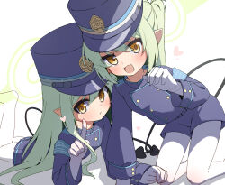 Rule 34 | 2girls, blue archive, blush, brown eyes, gloves, green hair, halo, hat, highres, jacket, long hair, long sleeves, looking at viewer, military, military uniform, moepu., multiple girls, mythra (xenoblade), necktie, nozomi (blue archive), open mouth, pantyhose, pointy ears, police, police uniform, shirt, simple background, smile, tail, very long hair, white background, white gloves, wings, yellow eyes