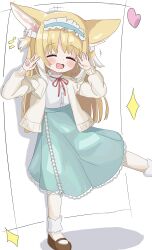 1girl absurdres animal_ears arknights artistic_error blonde_hair blue_hairband blue_skirt blush bobby_socks brown_shoes cardigan chefcooo_jk closed_eyes colored_tips cross-laced_clothes cross-laced_skirt cross-laced_slit fox_ears fox_girl frilled_hairband frills hairband high-waist_skirt highres mary_janes multicolored_hair neck_ribbon no_tail official_alternate_costume open_mouth red_ribbon ribbon shirt shoes skirt socks solo suzuran_(arknights) suzuran_(spring_praise)_(arknights) white_cardigan white_hair white_shirt white_socks