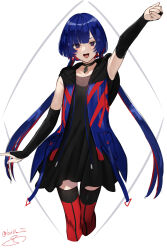 Rule 34 | 1girl, arm at side, arm up, armpits, black choker, black dress, black hoodie, blue eyes, blue hair, bridal gauntlets, choker, colored inner hair, commentary request, cropped legs, diamond earrings, dress, earrings, elbow gloves, gloves, highres, hood, hood down, hoodie, isshiki (ffmania7), jewelry, kamitsubaki studio, long hair, looking at viewer, low twintails, multicolored eyes, multicolored hair, open clothes, open hoodie, open mouth, pendant choker, red eyes, red hair, red thighhighs, rim (kamitsubaki studio), short dress, signature, simple background, sleeveless, sleeveless hoodie, smile, solo, standing, thighhighs, twintails, v-shaped eyebrows, white background