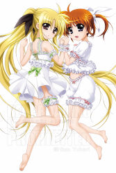 Rule 34 | 2girls, arm strap, barefoot, black ribbon, blonde hair, blue eyes, chemise, commentary request, fate testarossa, frilled chemise, frilled shirt, frilled shorts, frills, from side, full body, hair ribbon, higa yukari, highres, holding hands, long hair, looking at viewer, lyrical nanoha, mahou shoujo lyrical nanoha, multiple girls, navel, orange eyes, orange hair, ribbon, shirt, short hair, short sleeves, shorts, simple background, takamachi nanoha, thigh strap, twintails, underwear, underwear only, very long hair, watermark, white background, white chemise, white ribbon, white shirt, white shorts, yellow eyes, yuri