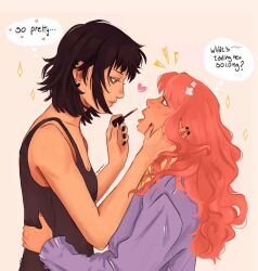 2girls artist_name bare_arms bare_shoulders black_hair black_nails black_tank_top breasts closed_mouth collared_shirt commentary ear_piercing english_commentary english_text eye_contact face-to-face from_side grey_eyes hand_on_another&#039;s_back hand_on_another&#039;s_face heart highres holding holding_brush holding_makeup_brush kininatteru_hito_ga_otoko_ja_nakatta koga_mitsuki long_hair looking_at_another makeup_brush multiple_girls musemarine oosawa_aya open_mouth piercing profile purple_sweater red_eyes red_hair shirt short_hair simple_background small_breasts sparkle speech_bubble spoken_blush sweater tank_top thought_bubble upper_body wavy_hair yellow_shirt yuri
