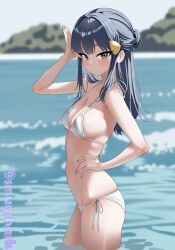 1girl absurdres arm_up bikini blue_eyes blue_hair blue_nails blush breasts cleavage commentary dawn_(pokemon) from_side hair_ornament hand_on_own_hip highres long_hair looking_at_viewer medium_breasts navel nintendo pokemon side-tie_bikini_bottom sidelocks smugshark solo swimsuit wading water white_bikini