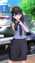 1girl archived_source baton_(weapon) black_hair black_hat black_necktie black_skirt blowing_whistle blue_eyes blue_shirt car collared_shirt day feet_out_of_frame game_cg gridman_universe hat highres holding holding_baton_(weapon) holding_weapon holding_whistle japan_national_police long_hair looking_at_viewer medium_skirt motor_vehicle necktie official_alternate_costume official_art outdoors pencil_skirt police police_car police_hat police_uniform policewoman shirt short_sleeves skirt solo ssss.gridman takarada_rikka third-party_source tree v-shaped_eyebrows weapon whistle