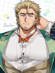 1boy absurdres arm_behind_head bara blonde_hair blue_eyes bow bowtie character_name commentary_request facial_hair green_jacket hagiography highres jacket large_pectorals live_a_hero male_focus mature_male mustache_stubble orange_bow orange_bowtie parted_lips pectorals roudin short_hair solo stubble upper_body white_background