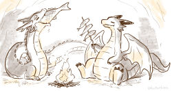 absurdres campfire cave closed_eyes commentary_request dragon eastern_dragon eating fish full_body highres holding holding_skewer hotathino indoors original sitting skewer western_dragon