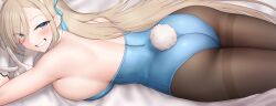 1girl aqua_leotard aqua_ribbon ass asuna_(blue_archive) asuna_(bunny)_(blue_archive) asymmetrical_bangs bed_sheet blonde_hair blue_archive blush breasts brown_pantyhose commentary detached_collar fake_tail gloves greenteamousou hair_ribbon highres korean_commentary large_breasts leotard long_hair looking_at_viewer looking_to_the_side lying median_furrow official_alternate_costume on_stomach pantyhose playboy_bunny rabbit_tail ribbon sideboob smile solo straight_hair strapless strapless_leotard tail thighband_pantyhose v very_long_hair white_gloves