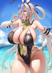 Rule 34 | 1girl, absurdres, animal ears, bare shoulders, between breasts, black one-piece swimsuit, blush, breasts, cleavage, cloud, cowboy shot, curvy, day, detached collar, eyewear on head, fake animal ears, fate/grand order, fate (series), fellatio, food, food in mouth, green necktie, grey hair, hair rings, hand on own hip, highleg, highleg one-piece swimsuit, highres, huge breasts, huyan zhuo (fate), huyan zhuo (swimsuit) (fate), jingb dx, long hair, looking at viewer, navel, necktie, necktie between breasts, one-piece swimsuit, oral, outdoors, plunging neckline, popsicle, popsicle in mouth, sexually suggestive, simulated fellatio, smile, solo, standing, stomach, sunglasses, swimsuit, thick thighs, thighs, very long hair, wide hips