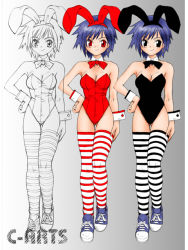 alternate_color animal_ears black_eyes blue_hair fake_animal_ears leotard maguta maguta_(c-arts) outline playboy_bunny rabbit_ears red_eyes shoes short_hair sneakers striped_clothes striped_legwear striped_thighhighs thighhighs