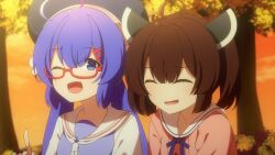 2girls ahoge alternate_costume anime_coloring black_hat blue_dress blue_eyes blue_hair blue_ribbon blunt_bangs brown_hair cardigan chaakusu closed_eyes commentary_request dress evening fang glasses hair_between_eyes hair_ornament hairclip hand_up hat headgear highres large_hat long_hair low_twintails medium_hair multiple_girls official_alternate_costume one_eye_closed open_mouth orange_sky otomachi_una otomachi_una_(talkex) outdoors pink_cardigan red-framed_eyewear red_dress ribbon sailor_collar sailor_dress semi-rimless_eyewear sky smile talkex touhoku_kiritan tree twintails under-rim_eyewear voiceroid white_sailor_collar