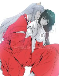 1boy 1girl animal_ears black_hair blush breasts brown_eyes couple dog_ears fang fingernails grey_hair hair_between_eyes hair_ribbon hakama hand_on_another&#039;s_shoulder holding_hands inuyasha inuyasha_(character) japanese_clothes jewelry kikyou_(inuyasha) kneeling long_hair looking_at_another medium_breasts miko necklace open_mouth orange_eyes parted_lips ribbon sharp_fingernails sidelocks sitting smile spykeee whispering_in_ear white_background white_ribbon
