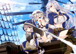 10s 218 3girls :d ahoge aircraft airship beret black_legwear blue_eyes blue_sky breasts cleavage cloud cloudy_sky collarbone cucouroux_(granblue_fantasy) day draph granblue_fantasy grey_eyes hair_tubes hat hood horns kumuyu large_breasts long_hair looking_at_viewer multiple_girls navel open_mouth outdoors panties pantyshot pleated_skirt siblings silva_(granblue_fantasy) silver_hair sisters sitting skirt sky smile thighhighs underwear white_panties yellow_eyes zettai_ryouiki