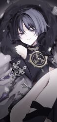1boy 6to9c absurdres aiguillette bishounen black_hair black_shirt blunt_ends closed_mouth coat fatui_coat fur-trimmed_hood fur_trim genshin_impact gold grey_eyes hair_intakes highres hood hooded_coat jewelry knee_up lapels looking_at_viewer male_focus mandarin_collar mitsudomoe_(shape) monochrome_background neck_ring open_clothes open_coat pale_skin purple_rope red_sash rope sash scaramouche_(genshin_impact) shimenawa shirt single_bare_shoulder smile smug solo tomoe_(symbol) tsurime white_coat white_rope winter_clothes winter_coat wispy_bangs