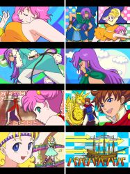 1boy 3girls aircraft airship arrow_(symbol) bard_(final_fantasy) beastmaster_(final_fantasy) blonde_hair blue_eyes blush boco bracelet bartz_klauser cape china_dress chinese_clothes chobobo chocobo cutie_honey double_bun dress faris_scherwiz final_fantasy final_fantasy_v geomancer green_eyes hairband harp highres instrument jewelry krile_mayer_baldesion_(ff5) lenna_charlotte_tycoon letterboxed long_hair monk monk_(final_fantasy) multiple_girls musical_note orange_shirt parody pink_hair ponytail purple_hair re:_cutie_honey sheep shirt short_hair whip zu-_(hana_kirin)