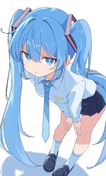 1girl :t absurdres bakeneko1212 black_skirt blue_eyes blue_hair breasts commentary dress_shirt full_body hands_on_own_knees hatsune_miku highres leaning_forward long_hair looking_at_viewer mary_janes miniskirt partially_shaded_face shirt shoes skirt small_breasts socks solo standing twintails very_long_hair vocaloid white_background white_socks