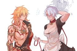 2girls ahoge apron areola_slip arm_tattoo armor armored_gloves belt_collar black_dress blonde_hair braid breast_tattoo breasts cleavage collar commentary commentary_request dress english_commentary facial_tattoo genderswap genderswap_(mtf) gloves gold_necklace holding holding_leash honkai:_star_rail honkai_(series) jewelry large_breasts leash looking_at_breasts maid maid_apron medium_hair multiple_girls mydei_(honkai:_star_rail) necklace nipples one_breast_out open_mouth pauldrons phainon_(honkai:_star_rail) red_tattoo short_hair shoulder_armor side_braid simple_background single_pauldron sweatdrop sybssite tattoo white_apron white_background white_gloves white_hair yellow_eyes
