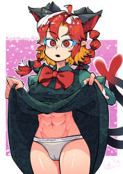 1girl abs abs_peek animal_ears bow bowtie braid carte cat_ears cat_girl cat_tail character_name clothes_lift clothes_writing commentary_request cowboy_shot dress dress_lift extra_ears grey_panties highres kaenbyou_rin lifting_own_clothes multiple_tails navel open_mouth panties pointy_ears red_bow red_bowtie red_eyes red_hair ringed_eyes side_braids solo tail touhou twin_braids two_tails underwear
