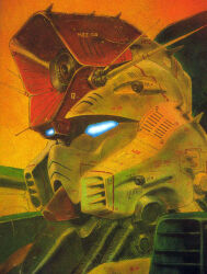 1980s_(style) aeug artist_request beam_cannon blue_eyes character_name concept_art energy_cannon glowing glowing_eyes gundam gundam_zz highres machinery mecha mecha_focus mobile_suit official_art oldschool production_art realistic retro_artstyle robot scan science_fiction traditional_media v-fin zz_gundam