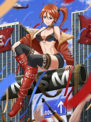 1girl aircraft ammunition_belt bikini bikini_top_only black_thighhighs boots breasts cameo cheering city cleavage collar communism confetti crowd flag giant giantess grin helicopter jacket karl_marx knee_boots long_hair military military_vehicle motor_vehicle northman o-ring o-ring_top off_shoulder original real_life red_footwear red_hair riding shorts side_ponytail smile solo_focus spiked_collar spikes swimsuit tank teeth thigh_strap thighhighs
