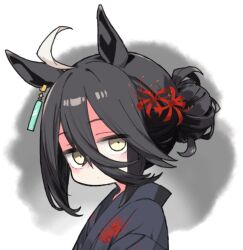 Rule 34 | 1girl, ahoge, animal ears, blue kimono, ear ornament, ear tag, earrings, floral print, flower, hair between eyes, hair flower, hair ornament, horse ears, horse girl, japanese clothes, jewelry, kimono, long bangs, long hair between eyes, manhattan cafe (umamusume), moru (monaka), multicolored hair, no mouth, official alternate costume, official alternate hairstyle, red flower, short hair, single earring, solo, spider lily, umamusume, white hair