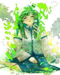 1girl bare_shoulders barefoot blue_skirt blush closed_eyes collared_shirt detached_sleeves eneshi frog frog_hair_ornament grass green_hair hair_ornament hair_tubes hand_on_lap highres kochiya_sanae leaf long_hair long_sleeves open_mouth shirt single_hair_tube sitting skirt sleeveless snake snake_hair_ornament swept_bangs touhou white_background white_shirt white_sleeves
