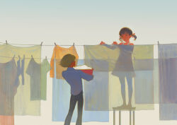1boy 1girl absurdres bare_arms black_pants blonde_hair clothes_hanger clothes_pin creamyghost day doujima_nanako dress hair_ribbon highres holding holding_towel kuma_(persona_4) long_sleeves outdoors pants persona persona_4 ribbon shirt shoes short_hair short_twintails sky socks standing t-shirt table towel twintails white_dress white_shirt
