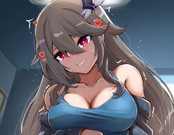 1girl blue_camisole breasts camisole cleavage commentary english_commentary grey_hair hair_ornament heart highres honkai_(series) honkai_impact_3rd indoors large_breasts long_hair looking_at_viewer purple_eyes slash-ex smile solo upper_body very_long_hair vita_(honkai_impact)