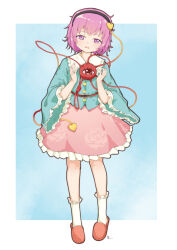 1girl absurdres blue_background blue_shirt buttons commentary_request eyeball floral_print frilled_shirt_collar frills full_body gykleo hair_ornament hairband hands_up head_tilt heart heart_button heart_hair_ornament highres komeiji_satori light_blush light_smile long_sleeves looking_at_viewer messy_hair open_mouth petticoat pigeon-toed pink_hair pink_skirt purple_eyes shirt short_hair simple_background skirt slippers socks solo third_eye touhou wide_sleeves