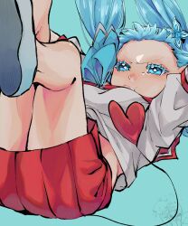 Rule 34 | 1girl, babyls school uniform, blue background, blue eyes, blue hair, crocell keroli, hair ornament, highres, kr27, long hair, mairimashita! iruma-kun, midriff peek, red skirt, school uniform, shirt, skirt, tail, tearing up, white shirt