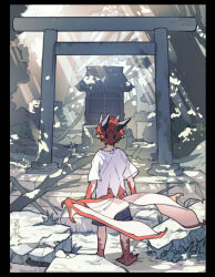 1boy animal_feet dappled_sunlight dragon_boy dragon_horns dragon_wings horns low_wings male_focus monster_boy mullmull02 original outdoors pointy_ears shirt short_hair short_sleeves shrine standing sunlight taras-kun_(mullmull02) torii white_shirt wings
