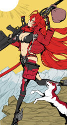 1girl anti-materiel_rifle belt black_jacket black_leggings breasts cassette_player cleavage cliff closed_eyes clothing_cutout commentary_request cropped_jacket crotch_plate diffraction_spikes fingerless_gloves from_side gloves goddess_of_victory:_nikke grin gun hands_up highres hip_vent holding holding_gun holding_weapon horns jacket large_breasts leather leather_jacket leggings long_hair long_sleeves mechanical_horns midriff mountainous_horizon navel open_clothes open_jacket outdoors pouch red_hair red_hood_(nikke) red_jacket red_scarf rifle sack scarf sky slit_pupils smile sniper_rifle standing standing_on_one_leg sun suspenders syope thigh_cutout unzipped very_long_hair weapon wolf yellow_sky