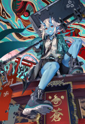 1girl black_necktie black_shoes black_skirt blue_jacket blue_skin colored_skin ear_piercing from_below grin highres holding holding_weapon jacket necktie neko_(yanshoujie) over_shoulder piercing red_eyes shirt shoes skin-covered_tail skirt smile solo soukaku_(zenless_zone_zero) tail weapon weapon_over_shoulder white_hair white_shirt zenless_zone_zero