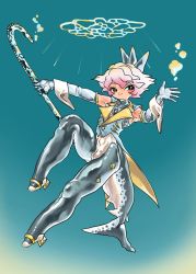 1boy air_bubble black_eyes blue_background bright_pupils bubble cane closed_mouth coat colored_skin detached_sleeves dot_nose eel fins fish_tail grey_skin highres holding holding_cane long_sleeves looking_at_viewer male_focus monster_boy multicolored_skin original pink_hair shima_(wansyon144) short_hair slit_pupils smile solo tail underwater wrist_cuffs