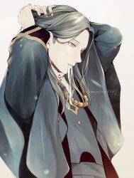 Rule 34 | 1boy, arms up, blue eyes, commentary, cowboy shot, fire emblem, fire emblem: three houses, highres, jewelry, linhardt von hevring, linhardt von hevring (timeskip), long hair, long sleeves, male focus, mouth hold, necklace, nintendo, parted hair, ribbon, ribbon in mouth, robe, short sideburns, simple background, sleepyboy1007, solo, symbol-only commentary, twitter username, tying hair, white background, white ribbon