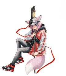 Rule 34 | 1girl, animal ears, arknights, black hat, black pants, black shoes, blue eyes, closed mouth, ears through headwear, full body, hat, highres, holding, hood, hood down, hooded jacket, invisible chair, jacket, koke (kocketmonster), long sleeves, looking at viewer, official alternate costume, orange jacket, pants, peaked cap, pink hair, pink tail, shoes, short hair, simple background, sitting, sneakers, solo, sussurro (arknights), sussurro (travel freely) (arknights), tail, white background, white tail