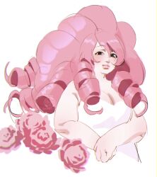 Rule 34 | 1girl, artist name, black eyes, breasts, cleavage, closed mouth, commentary, dress, english commentary, flower, highres, long hair, looking at viewer, pink flower, pink hair, pink rose, plump, ringlets, rose, rose quartz universe, simple background, solo, steven universe, strapless, strapless dress, uchiha i arts, watermark, white background, white dress