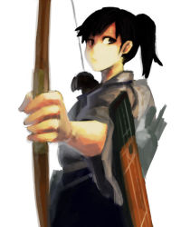10s 1girl black_hair bow_(weapon) deck ergot female_focus flight_deck japanese_clothes kaga_(kancolle) kantai_collection muneate ponytail simple_background solo string_pull traditional_media weapon