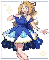 1girl absurdres armlet blonde_hair blue_dress dress eyelashes highres jewelry long_hair looking_at_viewer missandydandy nintendo official_alternate_costume open_mouth pokemon pokemon_masters_ex ponytail serena_(champion)_(pokemon) serena_(pokemon) single-shoulder_dress single_strap smile tiara wrist_cuffs